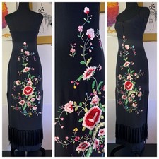 Vintage Sue Wong Silk Embroidered Floral Dress Sleeveless Long Fringe Sz Petite