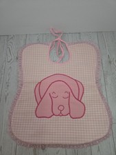 Vintage Style Pink Gingham Country Baby Bib Handmade Puppy Embroidered Outline