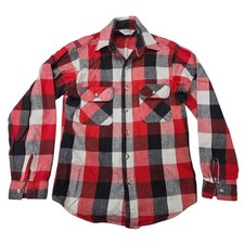 VTG 1980s Five Brother Red Black White Plaid Flannel Shirt S 14 14.5 USA Made
