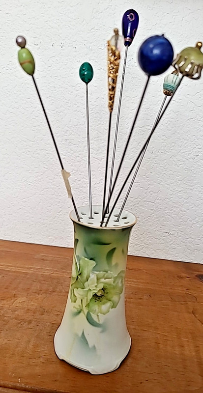 HAT PIN HOLDER  marked R S GERMANY  Green tones