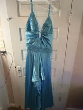 Blue Beaded Ruched Satin Long Gown Dress V-Neck Strappy Sleeveless Formal Party