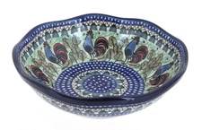 Blue Rose Polish Pottery Rooster Row Large Scallop Bowl