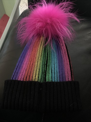 Bari Lynn Kid Girl's beanie bearing Hat One Size Rainbow With Hot Pink Pompom - Picture 8 of 9