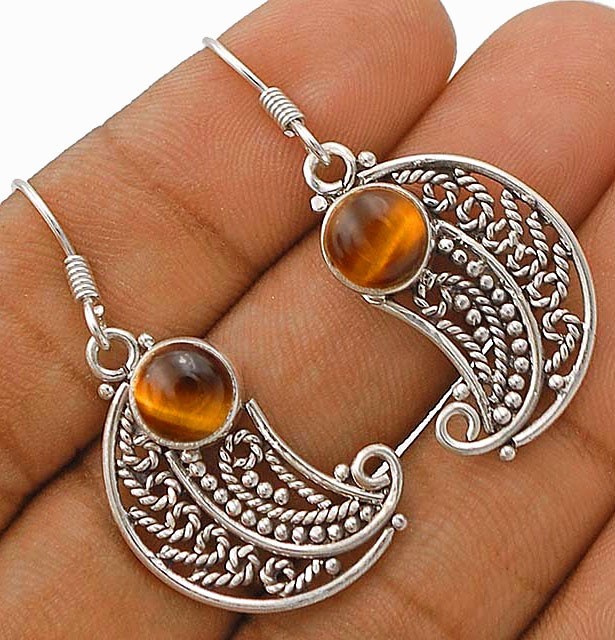 Natural Tiger Eye Africa 925 Sterling Silver Filigree Earrings Jewelry