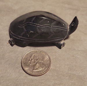 Handmade Hand Carved Black Stone Turtle Figurine with Etched Shell Design Signed