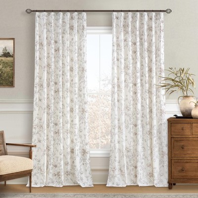 Brown Floral Curtains 90 Inches Long 2 Panels Set Pinch Pleated Flower Printe...