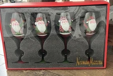 Neiman Marcus Set of 4 Painted Santa Stemware Wine Glasses New In Box Old Stock