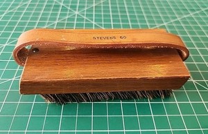 Vtg Grooming Dandy Brush with Leather Strap Handle  - Stevens 50 - Horse? - gw5