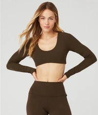 Alo Yoga Ribbed Defined Long Sleeve Bra Top Knit Tee Espresso Brown Medium