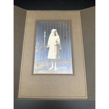Antique Photograph 1900s Girl First Communion Religious Veil Flowers Church