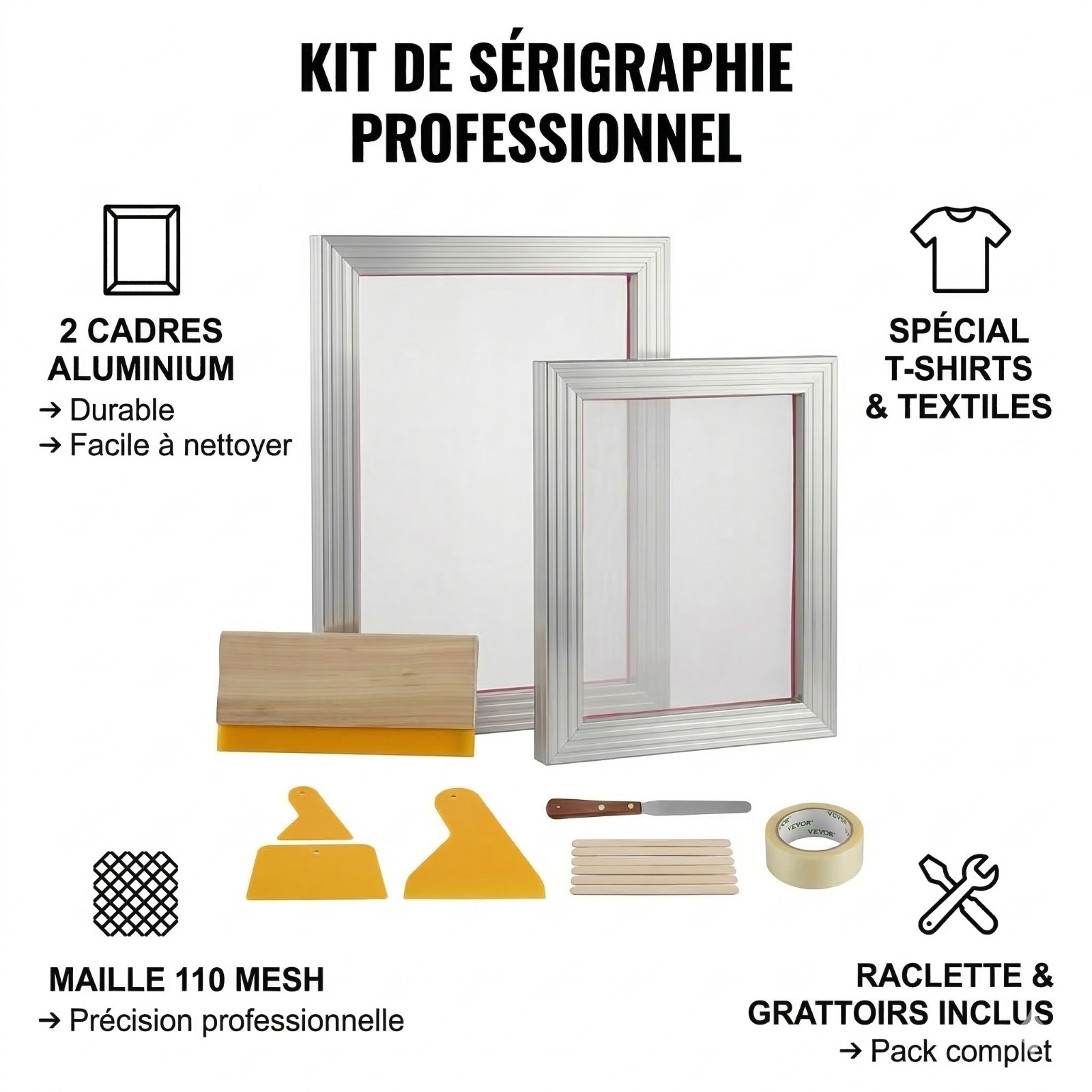 Cadres Alu 110 Mesh VEVOR avec Raclette Haute Précision pour Sérigraphie Textile