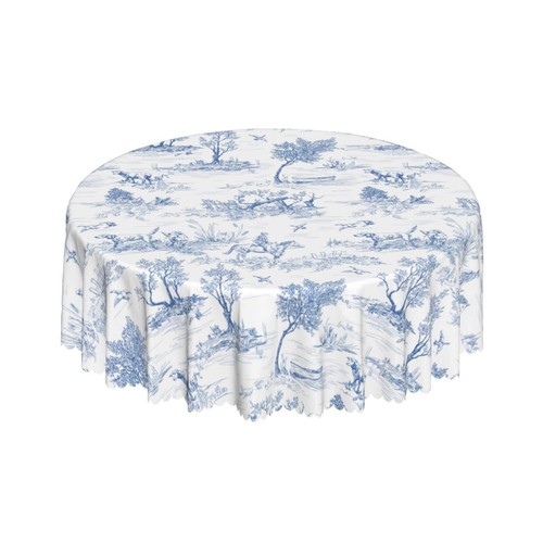 Blue and White Rustic Round Tablecloth 60 Inch, French Village Printed Table ...