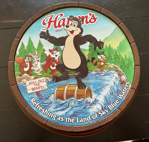 LARGE VINTAGE HAMM'S ROLL OUT THE BEAR'EL BEER SIGN - 17" ACROSS - HAMM' S BEAR