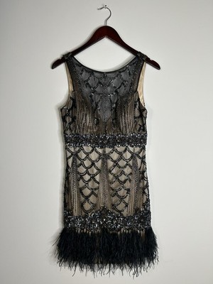 Sue Wong Dress Women s 6 Black Sequin Beaded Feather Sleeveless Flapper