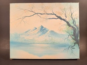 Japan Cherry Blossom Mountain Oil Painting on Canvas Artist Signed 8 x 10"