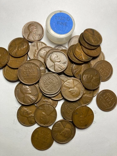 1932-D LINCOLN WHEAT CENT ROLL, HIGH GRADE, 50 COINS, ALL COINS "FINE"
