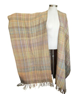 Laise Adzer Handwoven Plaid Cape Shawl Pastel Tan Multicolor Ribbon CM2057