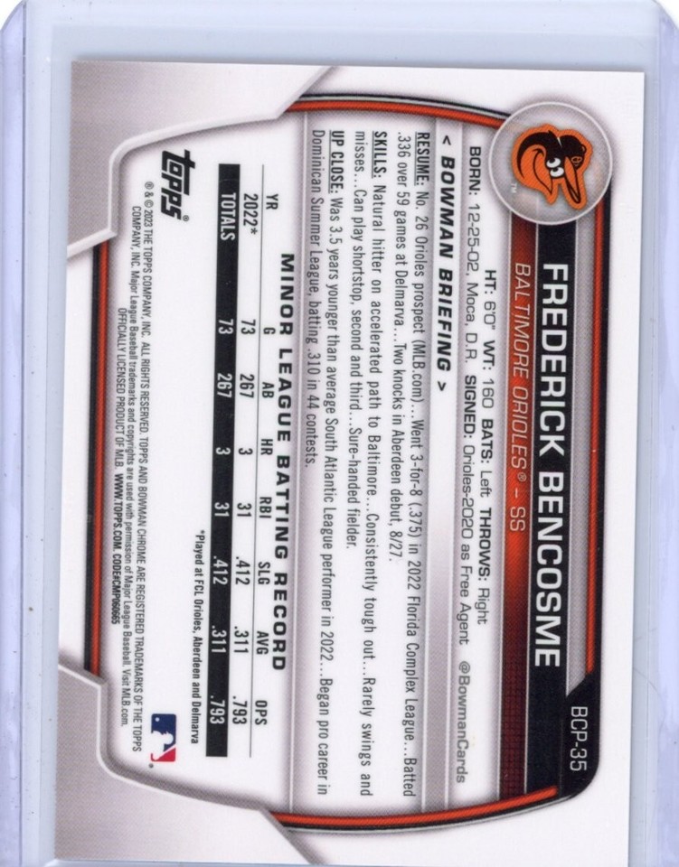 2023 Bowman Chrome Frederick Bencosme 1st Rose Gold /10 Baltimore