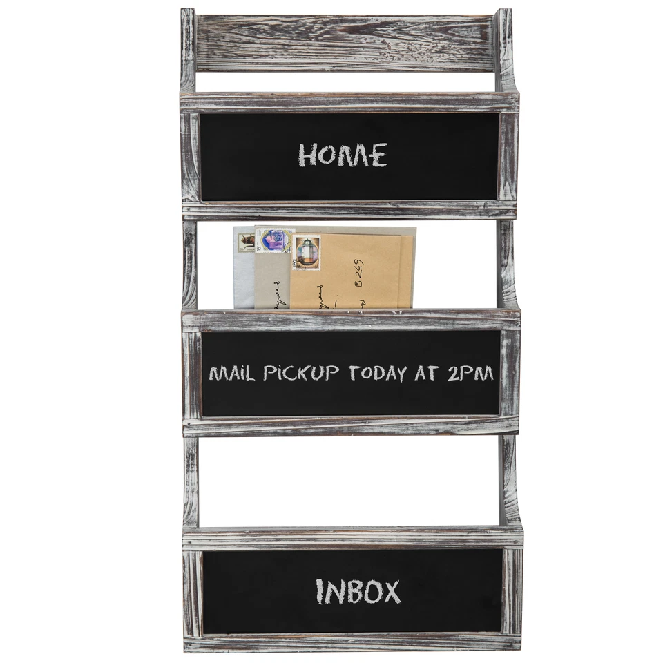 3-Slot Torched Wood Wall Magazine Rack & Mail Sorter with Chalkboard Labels - Image 2 of 4