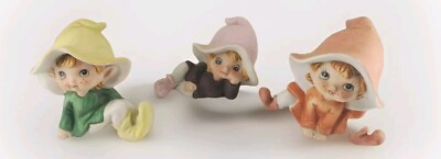 3 Vtg Homco Garden Pixie Elf Fairies Ceramic Figurines 5213 Orange Purple Green