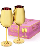 Barbie Doll The Movie X Dragon Glassware Gold Champagne Flutes Gold W/ Pink NIB