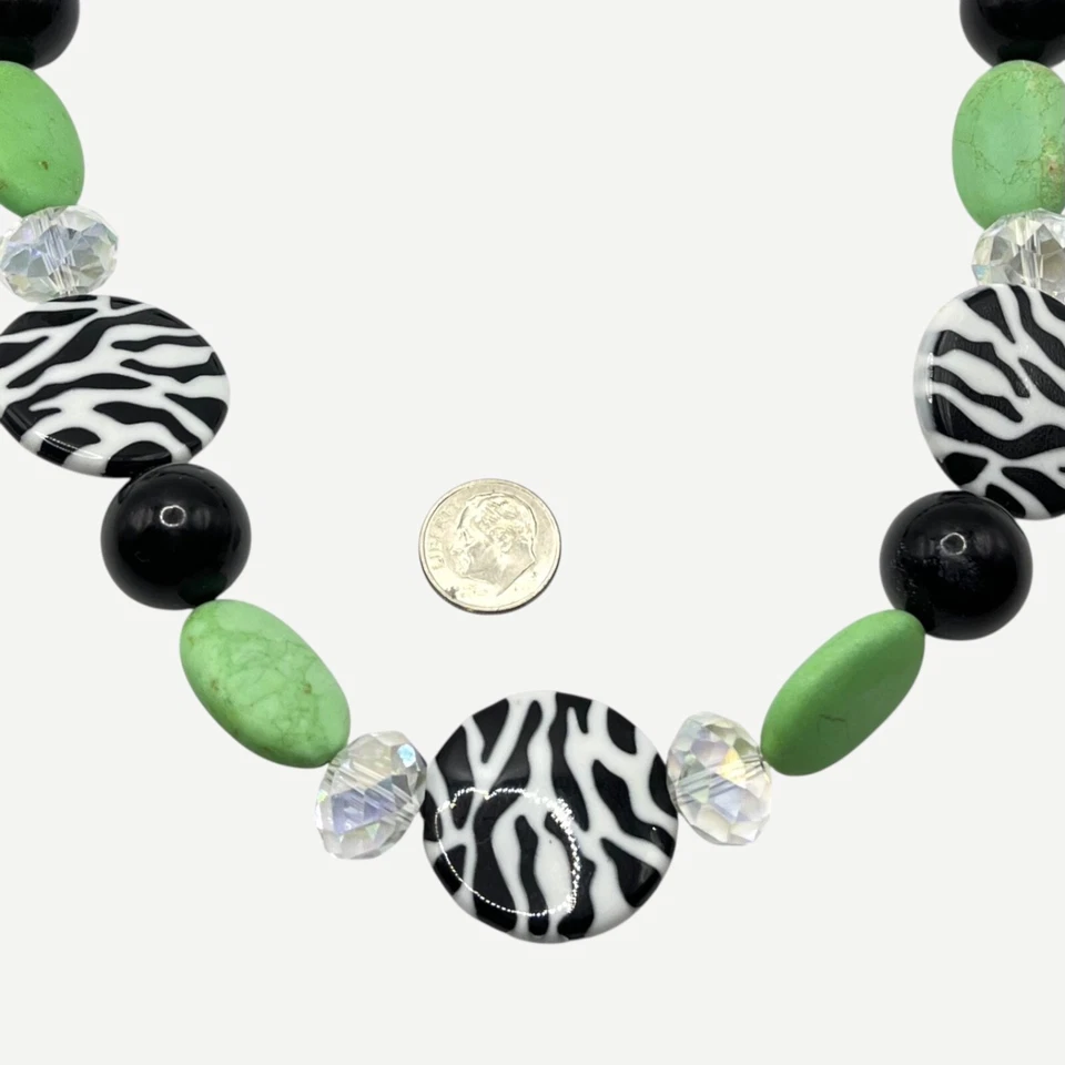 Коренастый бисером заявление ожерелье имитации жемчуг зеленый камень кристалл зебра печати - Изображение 3 из 4