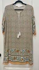 HALIFE Boho Tunic Dress With Tassel Tie Neck Cream And Orange Floral Size Large