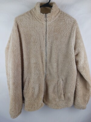Divided H&M Womans Jacket Large Tan Teddy Bear Fleece Full Zip Fluffy