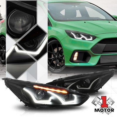 Black Smoke Tinted Dual U-Bar Projector Headlight Clear LED for 15-18 Ford Focus