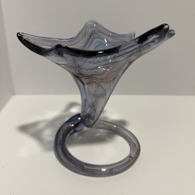 Studio Art Glass Vase Sculptural Loop Base Blue Purple Swirl Hand Blown 5.5 