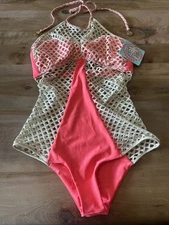 Luli Fama SWIMSUIT~GOLD FIRE CORAL  HIGH HALTER  "STARFISH WISHES" NWT SZ MED