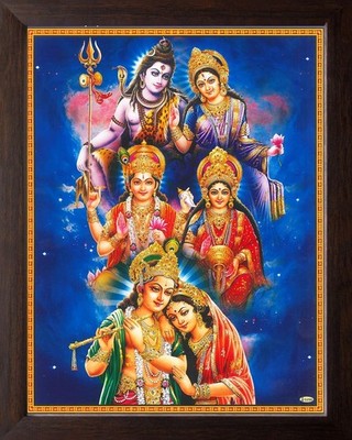 Lord Shiva Parvati mit Lord Vishnu Lakshmi Radha Krishna Wandgemälde Rahmen