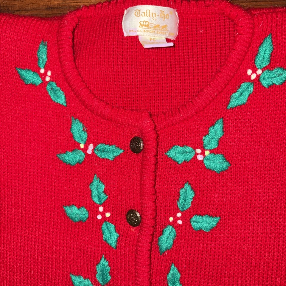 Cárdigan Suéter De Colección Tally Ho Rojo Acebo Navidad Para Mujer Talla S Botón Delantero Foto 4 de 4
