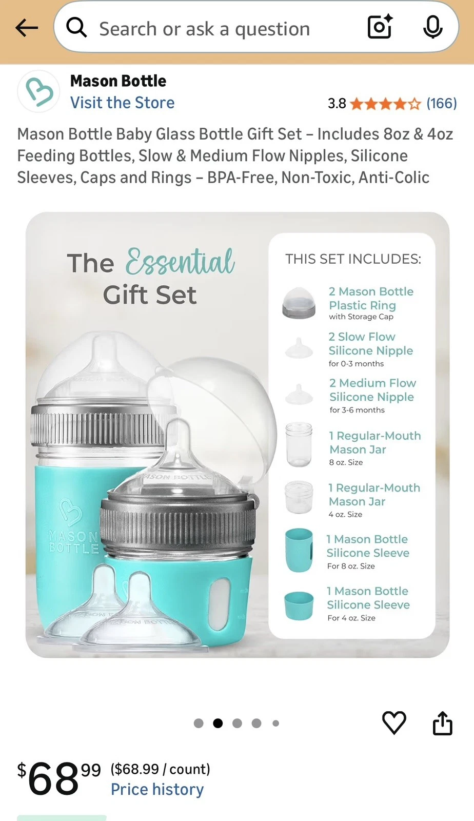 Mason Bottle 2 - 8oz, 1- 4oz Glass Baby Bottle Silicone Sleeves. 4 rings/3 caps