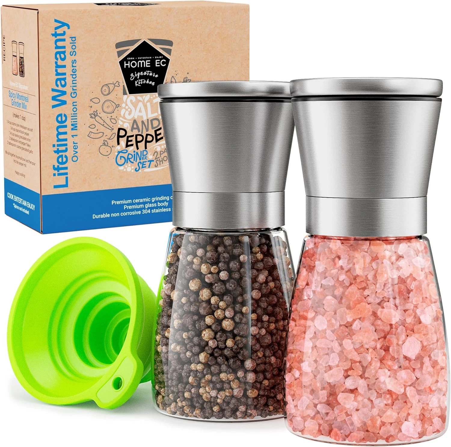 Home EC Original Stainless Steel Sea Salt and Pepper Grinder Set of 2 - Adjustab
