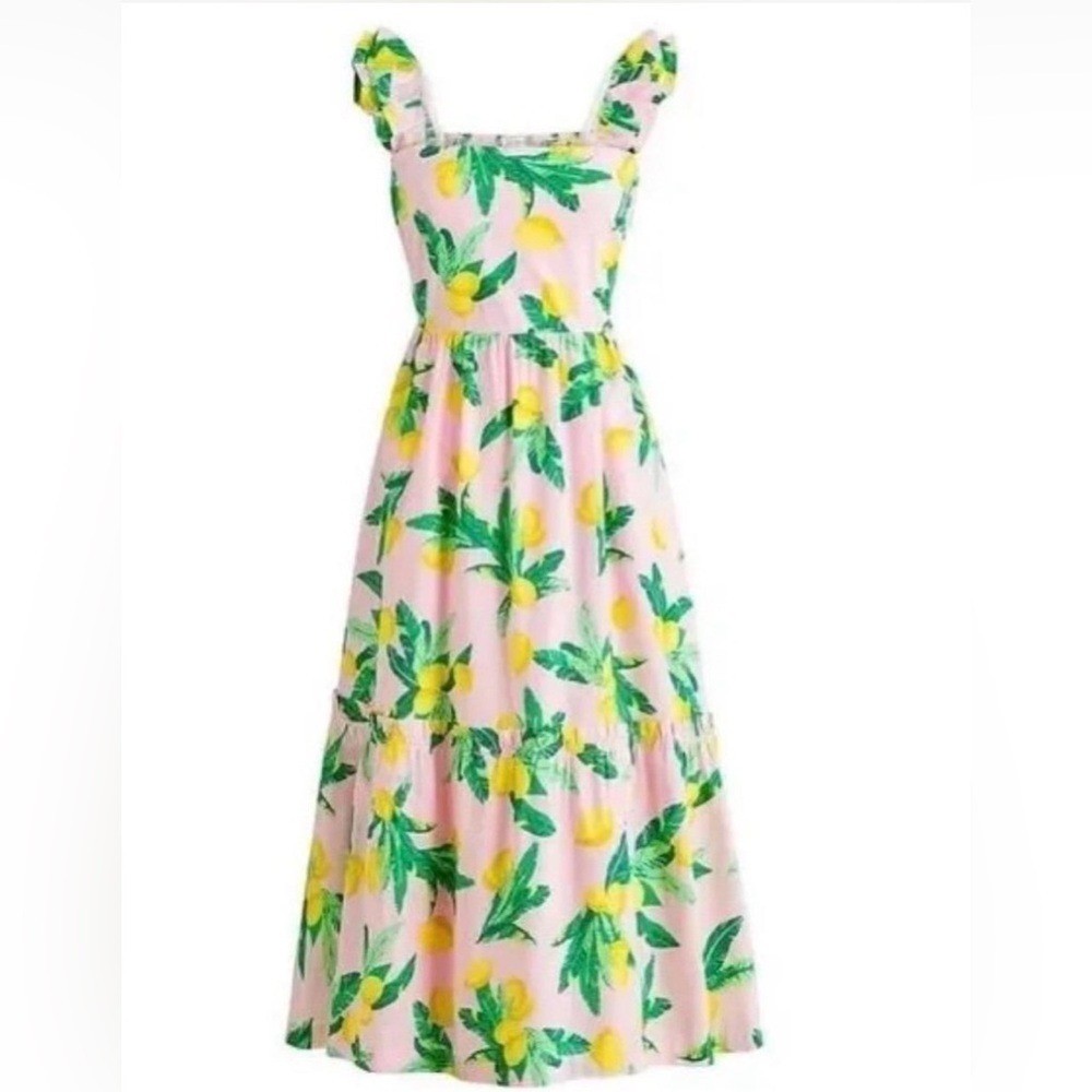 J.Crew Women Pink Lemon Square Neck Midi Dress 4 ruffle sleeveless straps tiered
