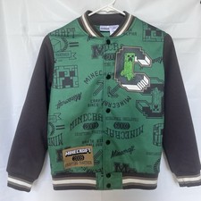 Boys Gray Green Minecraft Creeper Bomber Jacket Snap Front Coat Size 12