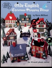 OLDE ENGLISH CHRISTMAS SHOPPING VILLAGE for 10 mesh plastic canvas * book #3108