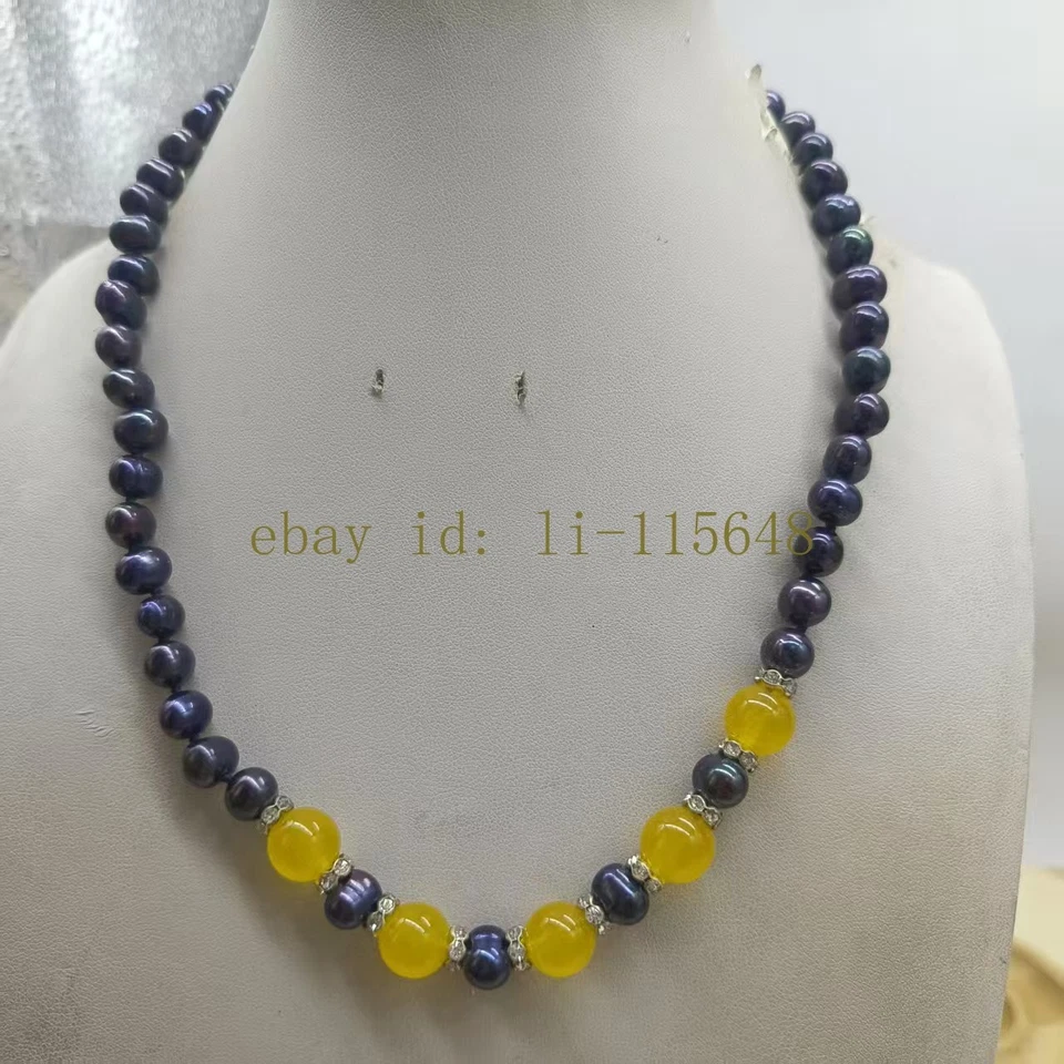 Collar Perla Natural Agua Dulce Cuentas Negras 8-9mm y 10mm Jade Amarillo Regalo Foto 2 de 2