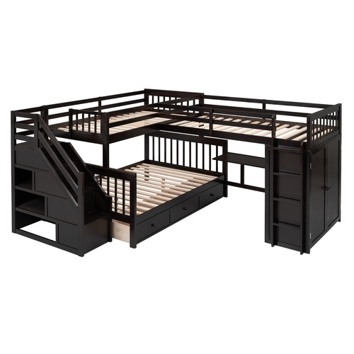 Twin-Twin over Full L-Shaped Bunk Bed Frame W/ 3 Drawers/ Desk/Wardrobe Espresso - Picture 8 of 23