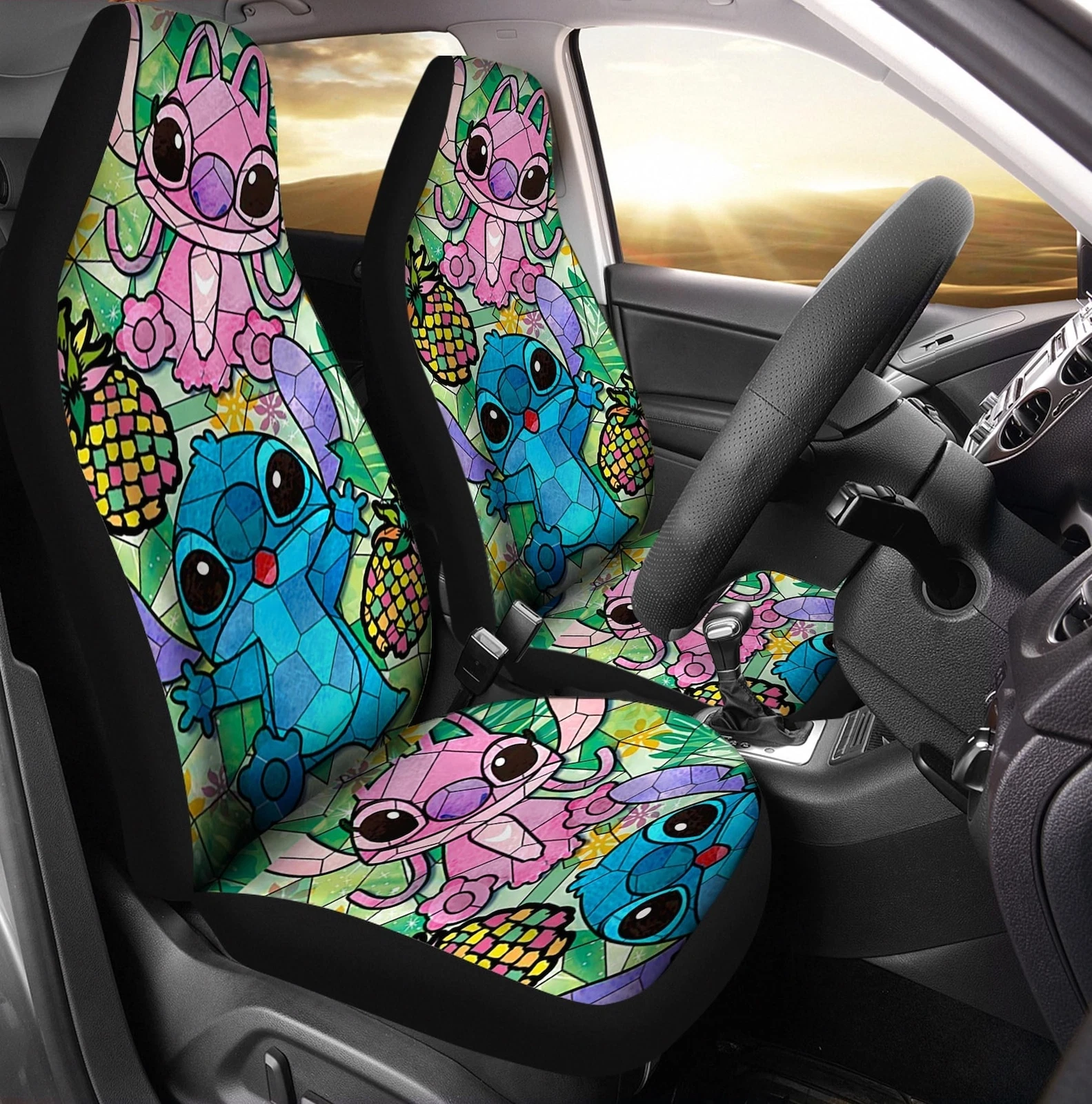 Cute Stitch And Angel Love Pineapple Stained Glass Pattern Car Seat Covers