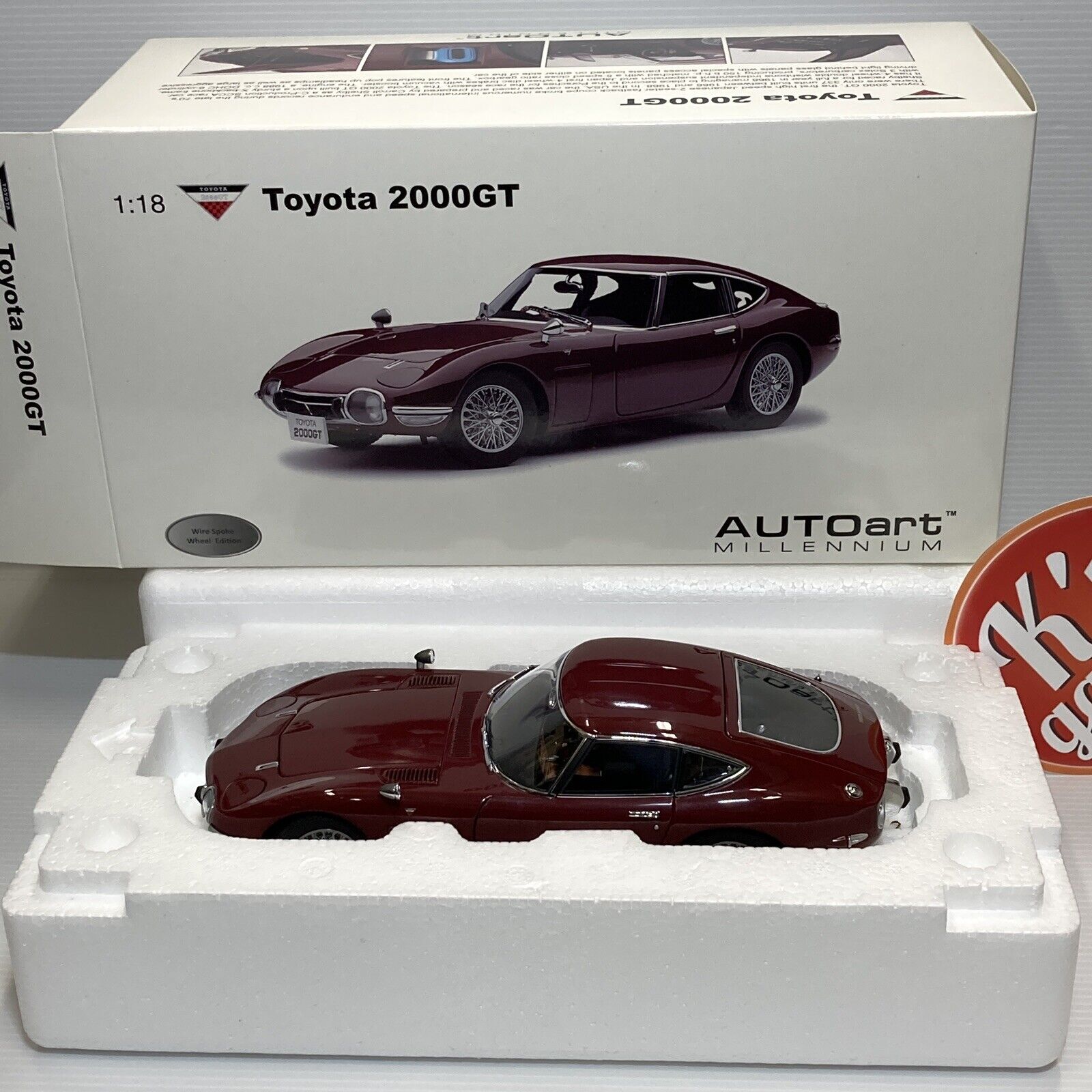 AUTOart 1/18 Toyota 2000GT Maroon Wire Spoke Wheels Rare