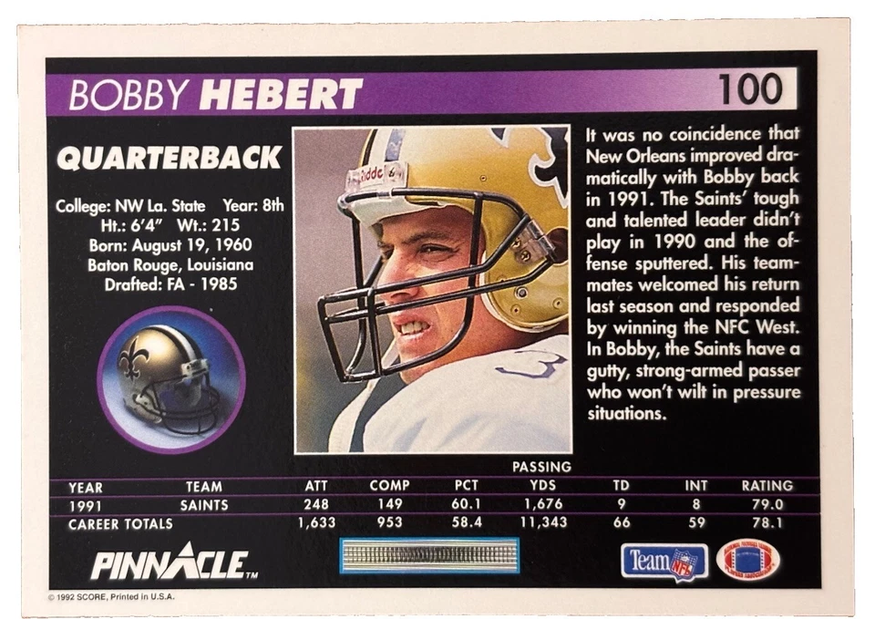 Excellent: Vintage 1992 Pinnacle Bobby Hebert New Orleans Saints Trading Card - Image 2 of 2