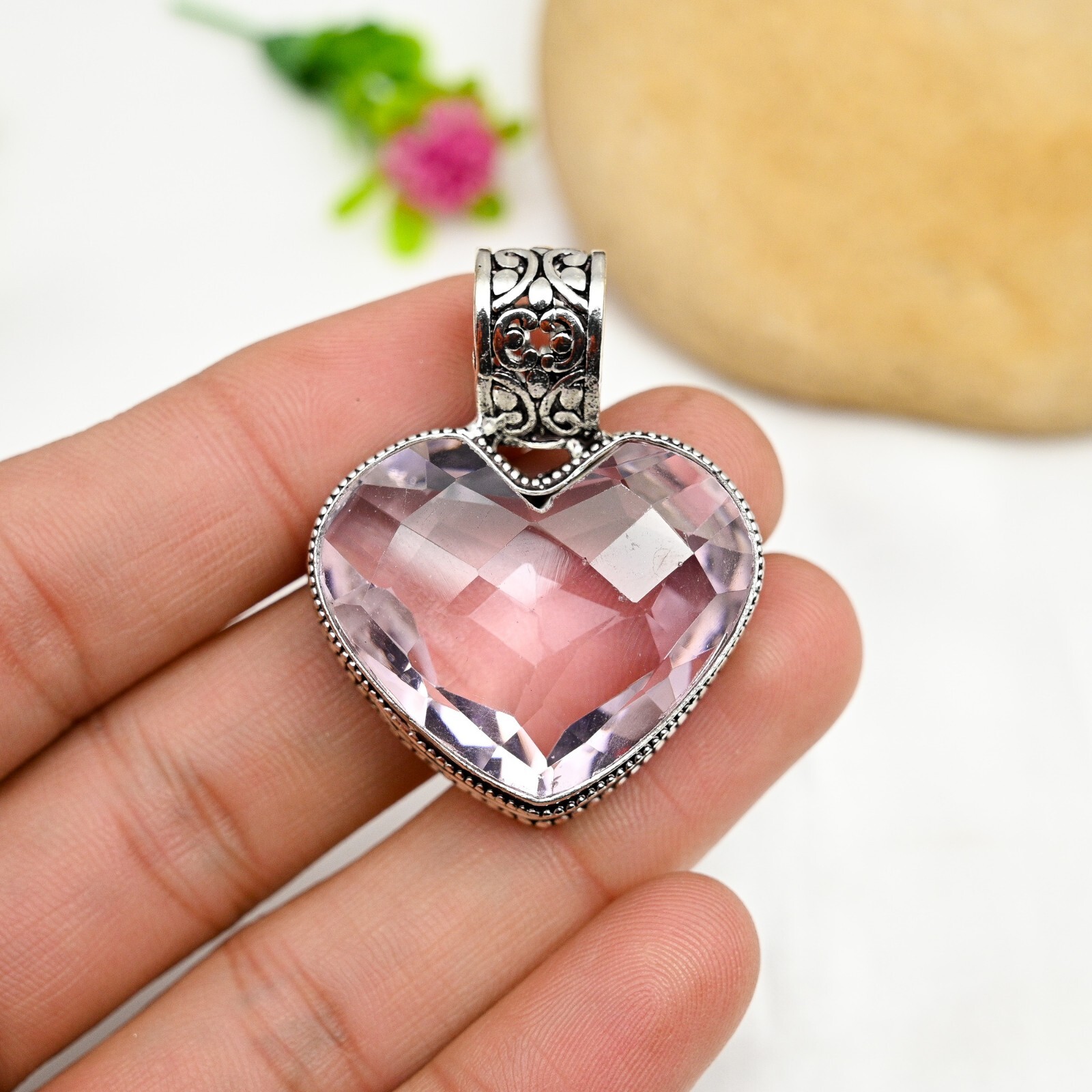 Pink Kunzite Gemstone Heart Pendant 925 Sterling Silver Handmade Jewelry Gift