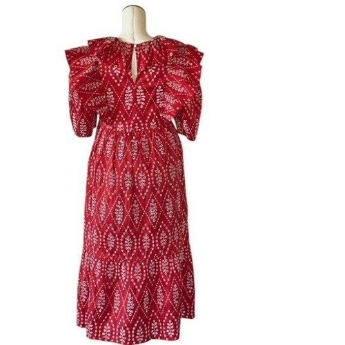 NEU Zara Voluminös Rot Cutwork Bestickt Midi Rüschen Rüschen Kleid Medium - Bild 2 von 13