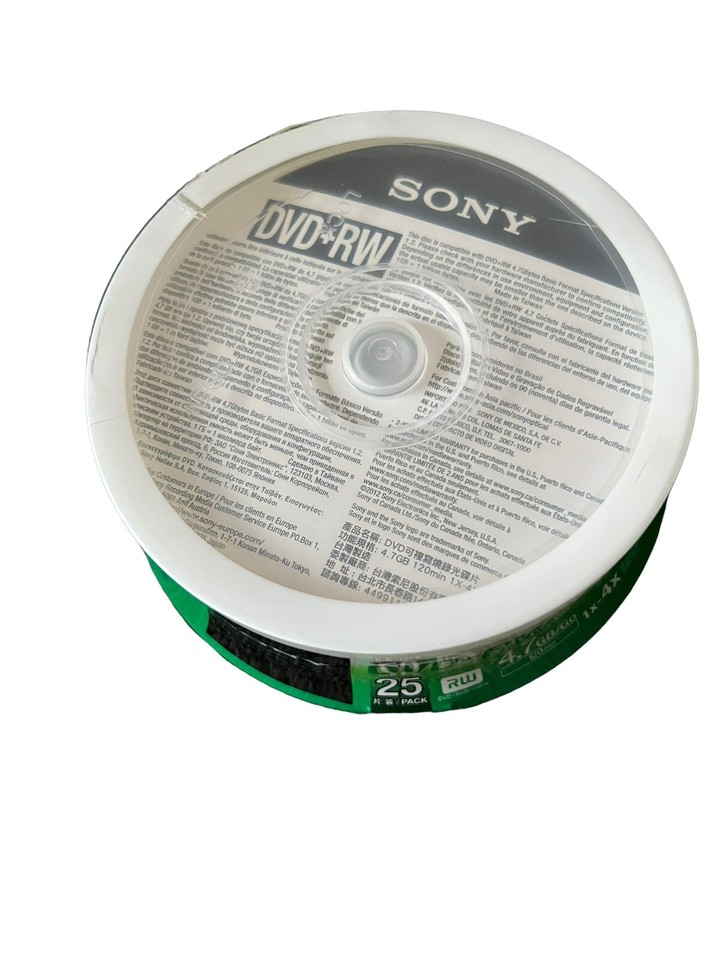 25 pk SONY Blank DVD+RW 4x Logo Branded 4.7GB Rewritable DVD Disc