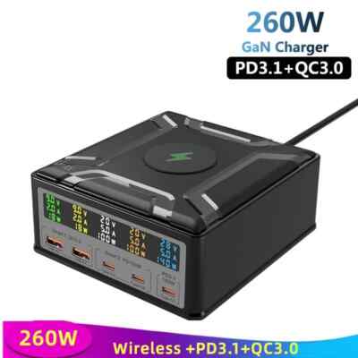 260W Multi USB C Charger QC3.0 Type C PD3.1 140W Fast Charging Wireless Charger