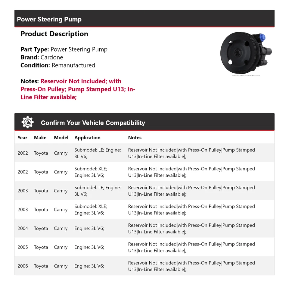 Bomba de dirección asistida Cardone 2003 2004 2005 para Toyota Camry 2002-2006 3L V6 Foto 2 de 4