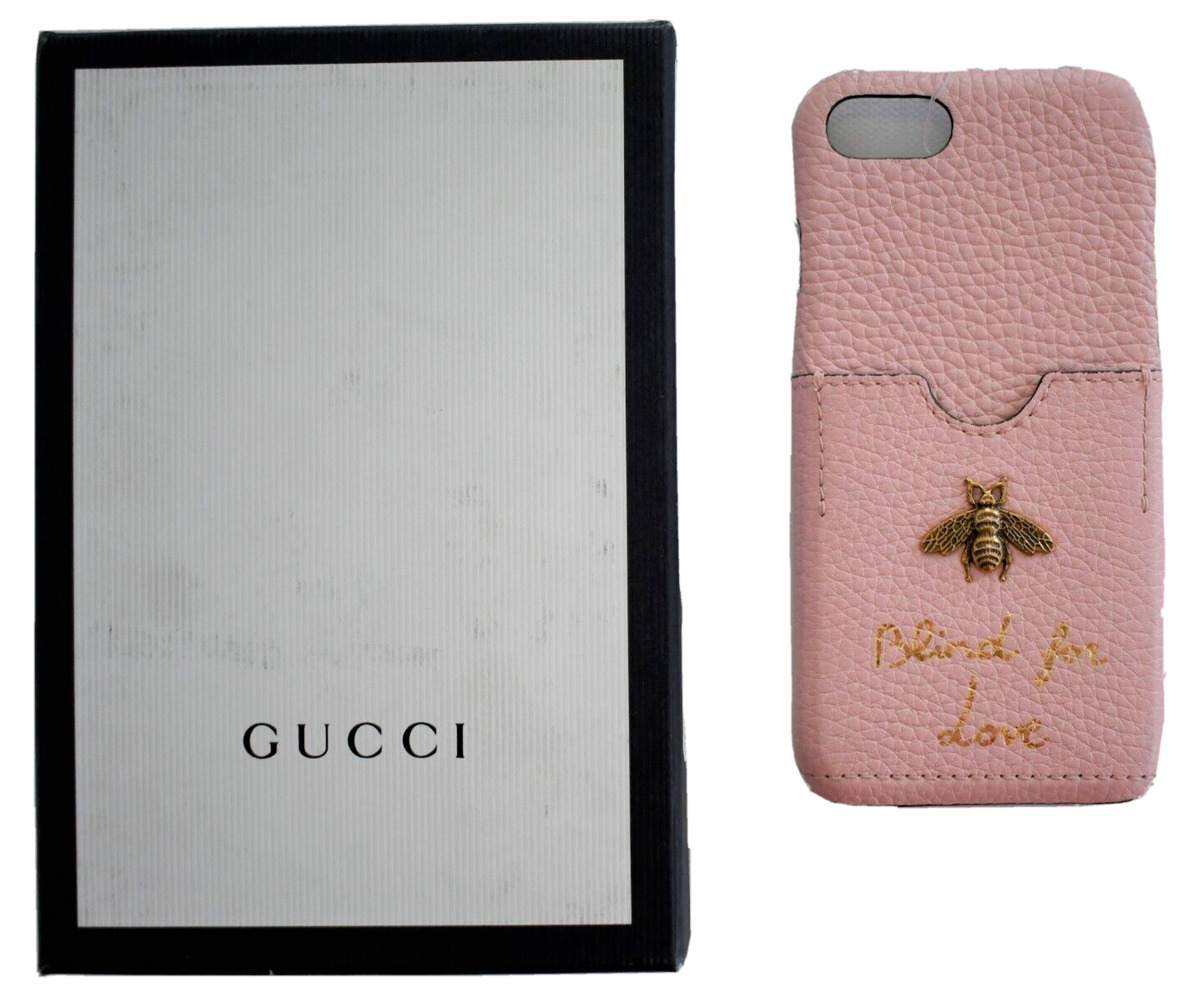 NEW GUCCI BEE BLIND FOR LOVE Pink Pebbled Leather iPhone® 7/8 Hard Cover  Case