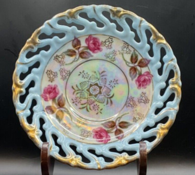 Reticulated Saucer Only Opalescent Blue with Roses and Gold Accents